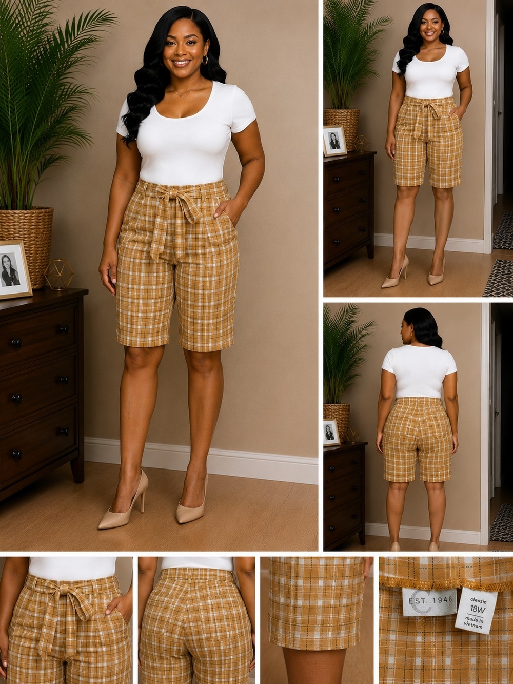 Plaid Paperbag Tie-Waist Bermuda Shorts in Tan